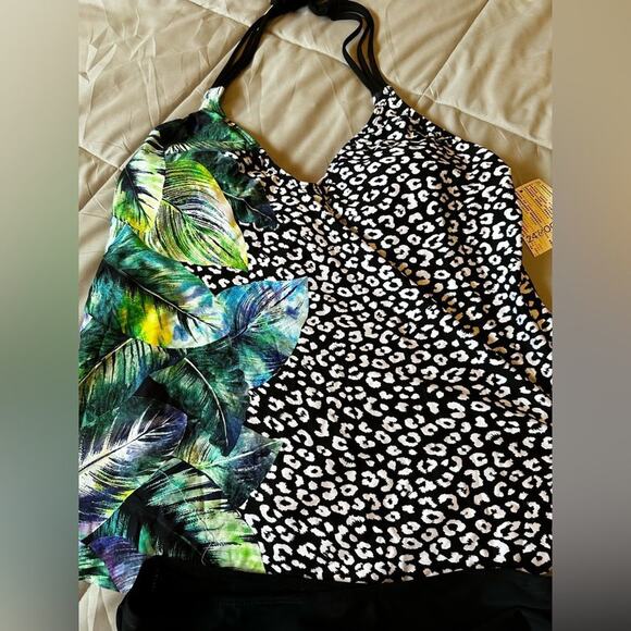 24 & Ocean V-Neck Tankini Swimsuit Top Leopard Floral Size XL - Picture 3 of 5